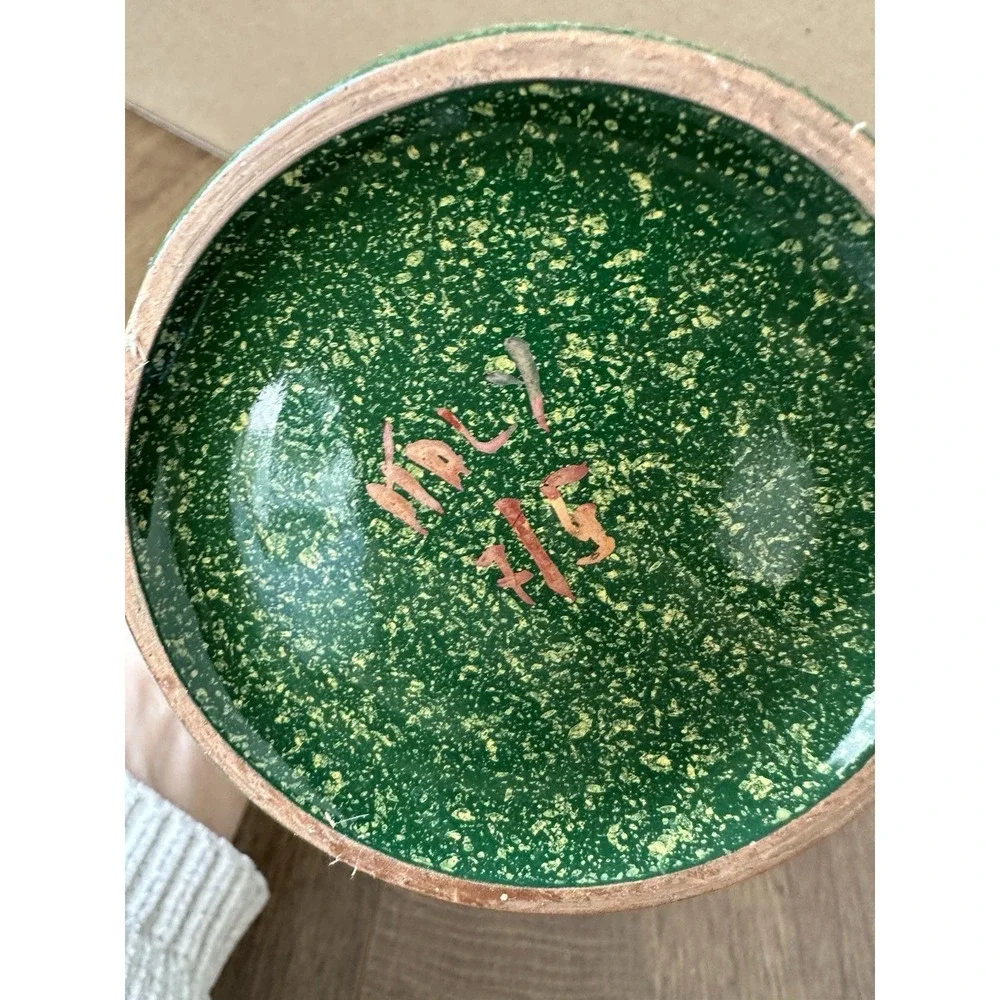 Vintage Italian Majolica Ceramic Vase Mottled Green Gold Leaf Mid Century